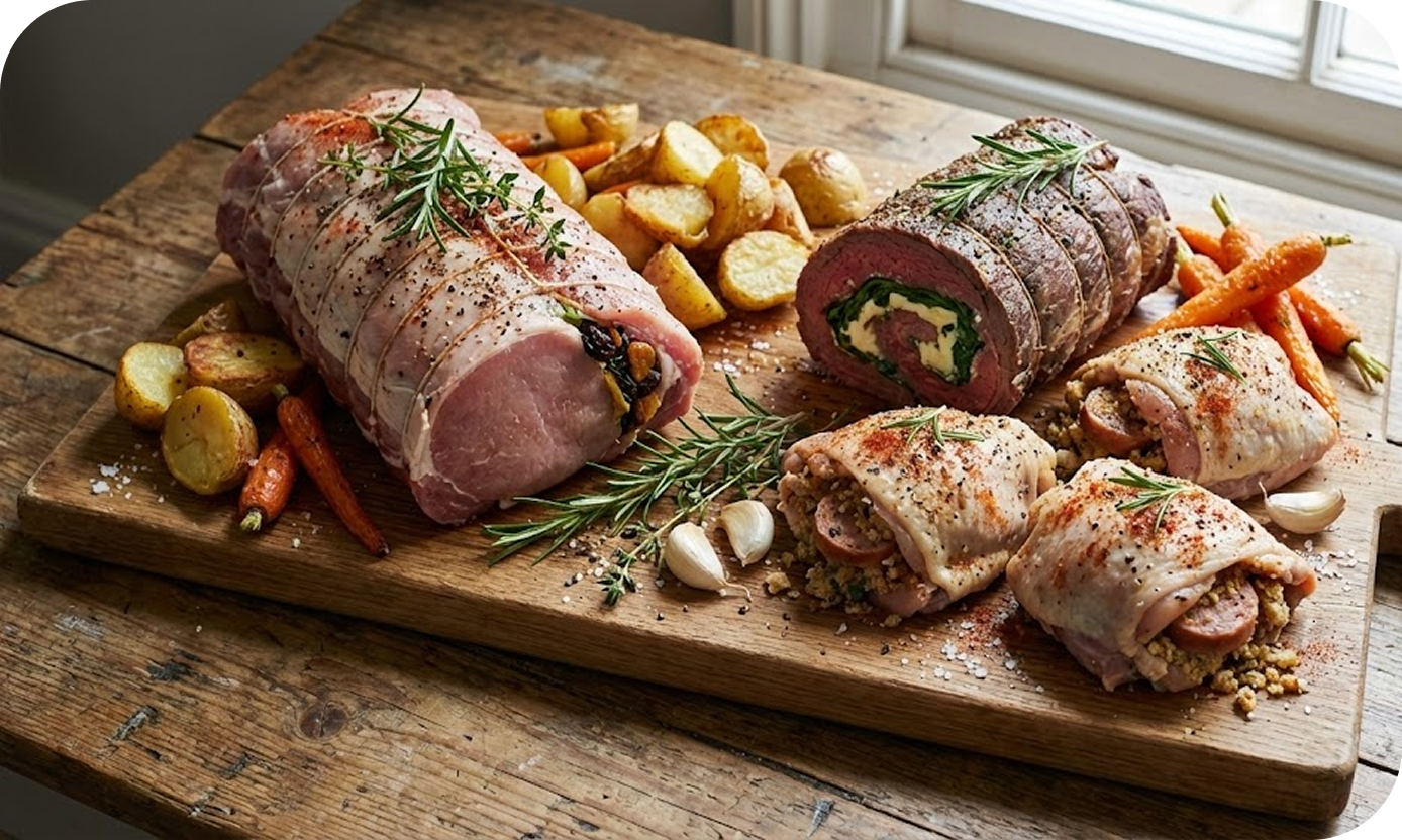 Stuffed and seasoned meats showcase